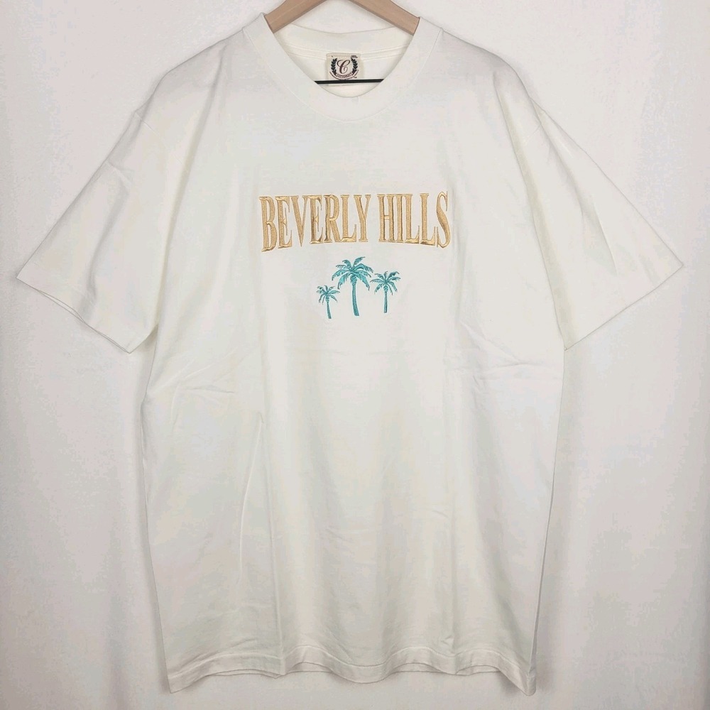 Vintage 90s Beverly Hills Single Stitch Embroidered Palm Tree T-Shirt White L